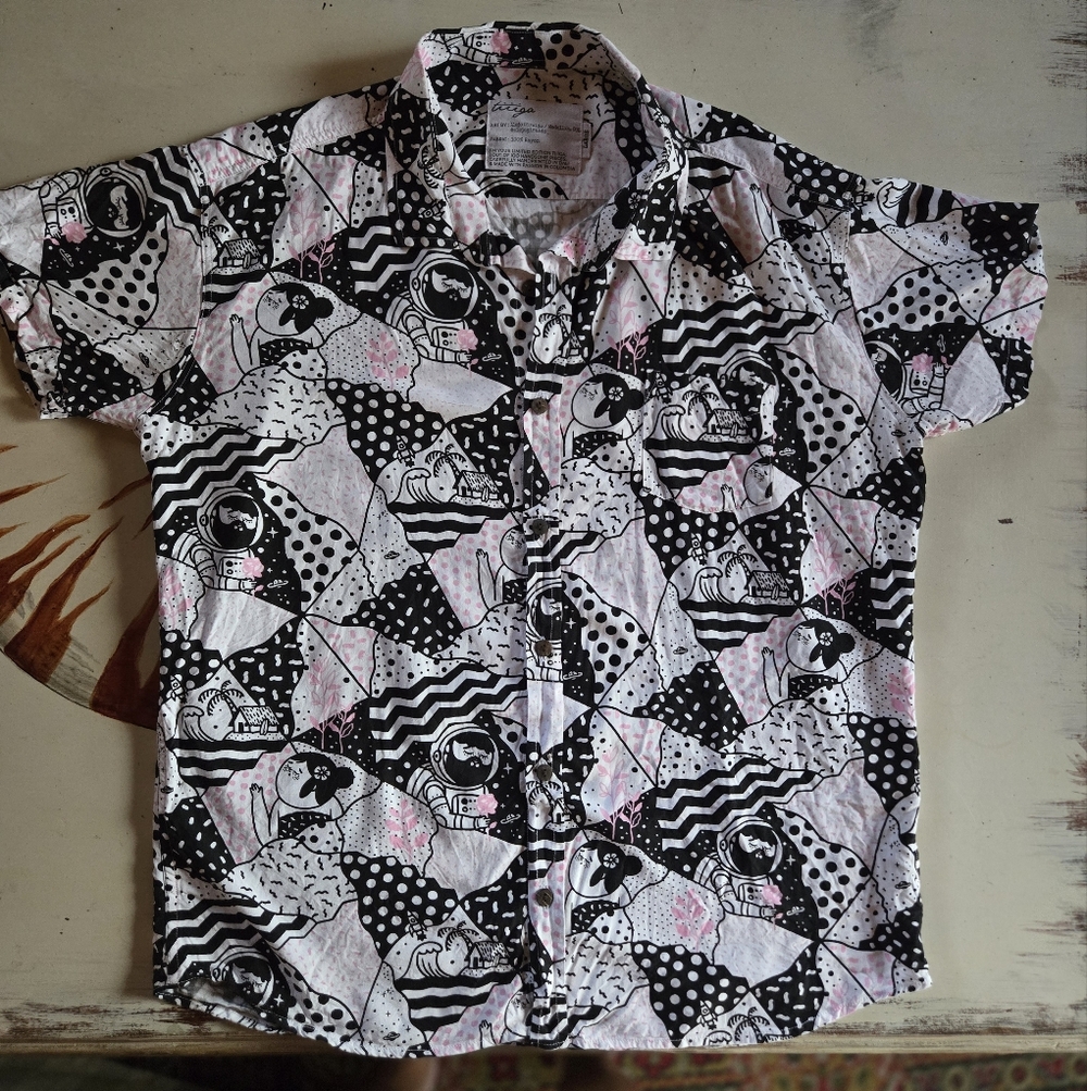Tiiiga Campy Unisex Button Front Shirt With Outer Space And Tropical Scenery - Picture 17 of 17
